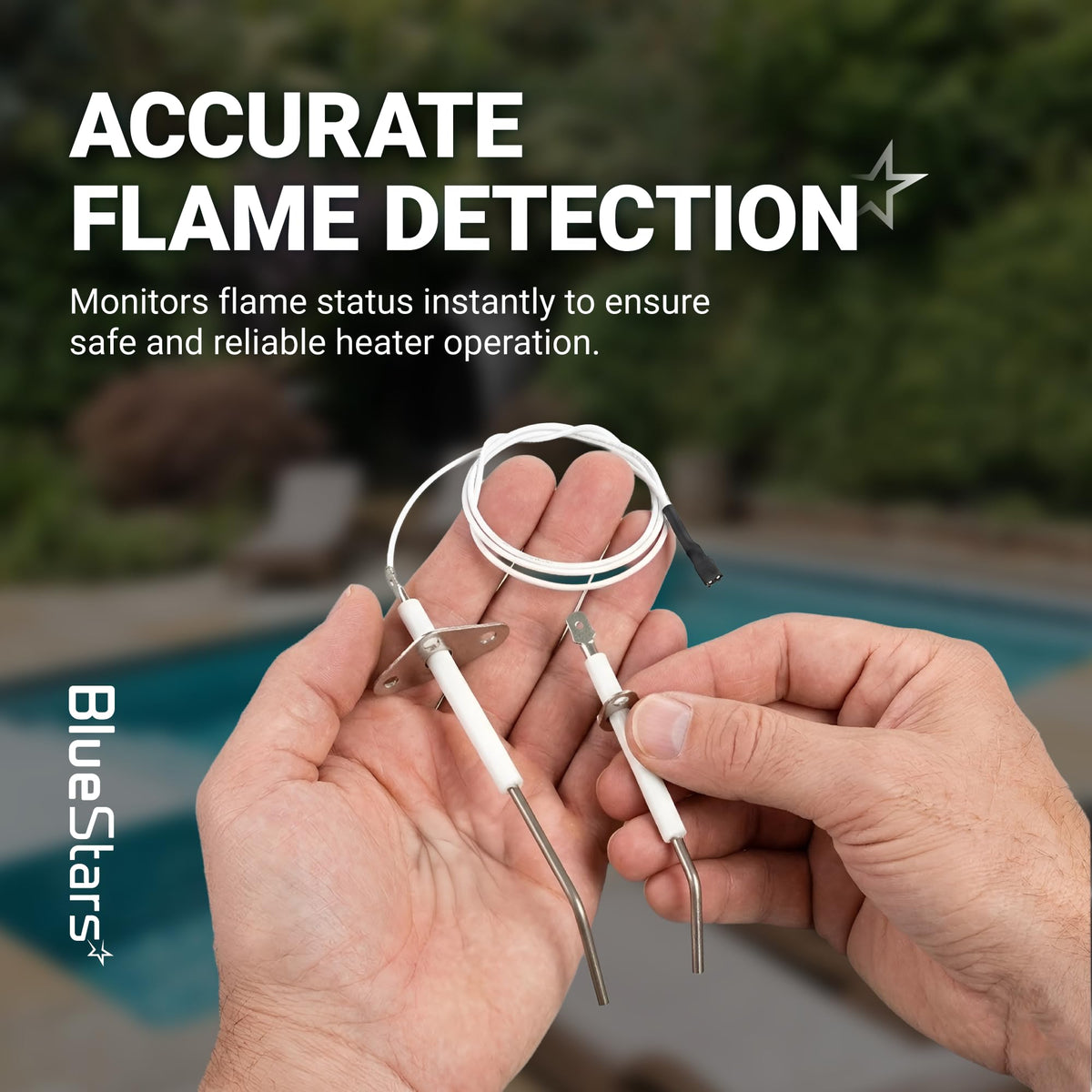 Hands holding IDXLFLS1930 flame sensor replacement for Hayward Universal H-Series pool heaters.