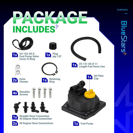 Package contents for 24 559 02-S fuel pump kit including pump, fuel hose, O-ring, screws, clamps, and fittings.