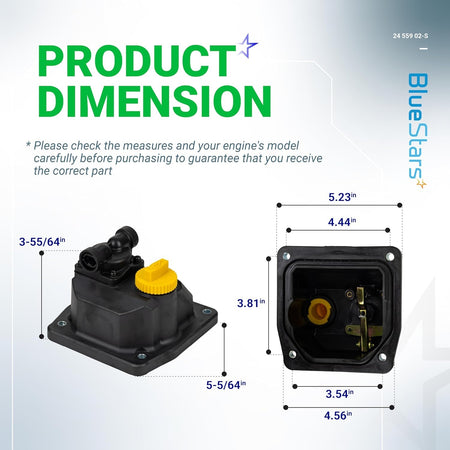 Dimensional diagram showing measurements for the 24 559 02-S fuel pump kit for Kohler engines.