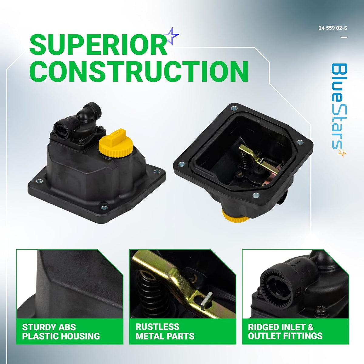 24 559 02-S fuel pump kit for Kohler engines showing construction details, ABS housing, and internal metal components.