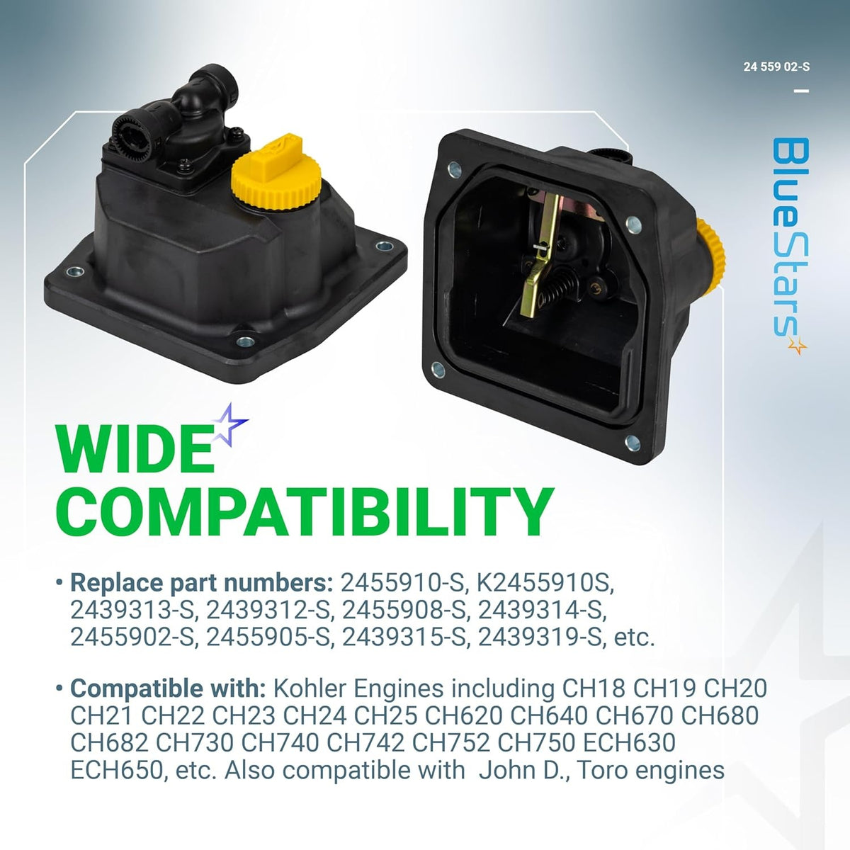 Two views of 24 559 02-S fuel pump for Kohler engines showing exterior and internal mechanical components.