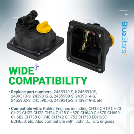 Two views of 24 559 02-S fuel pump for Kohler engines showing exterior and internal mechanical components.