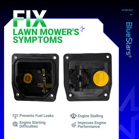 Front and back view of 24 559 02-S fuel pump kit for Kohler engines, showing internal components and yellow cap.