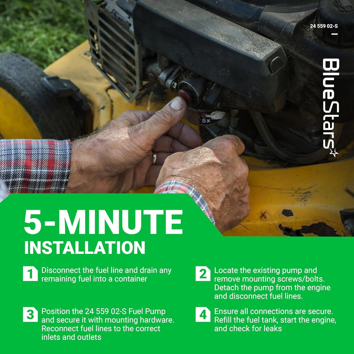 Installation guide for 24 559 02-S fuel pump on a Kohler engine showing 5-minute replacement steps.