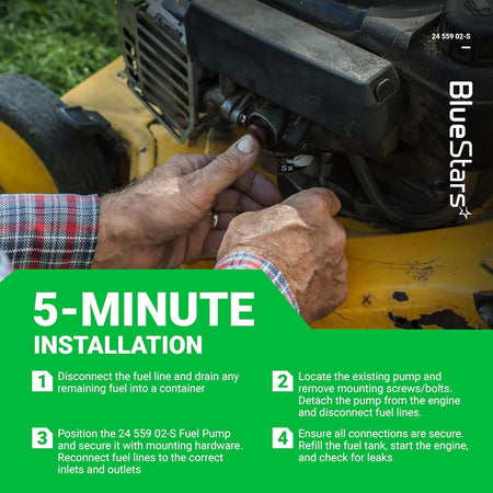 Installation guide for 24 559 02-S fuel pump on a Kohler engine showing 5-minute replacement steps.