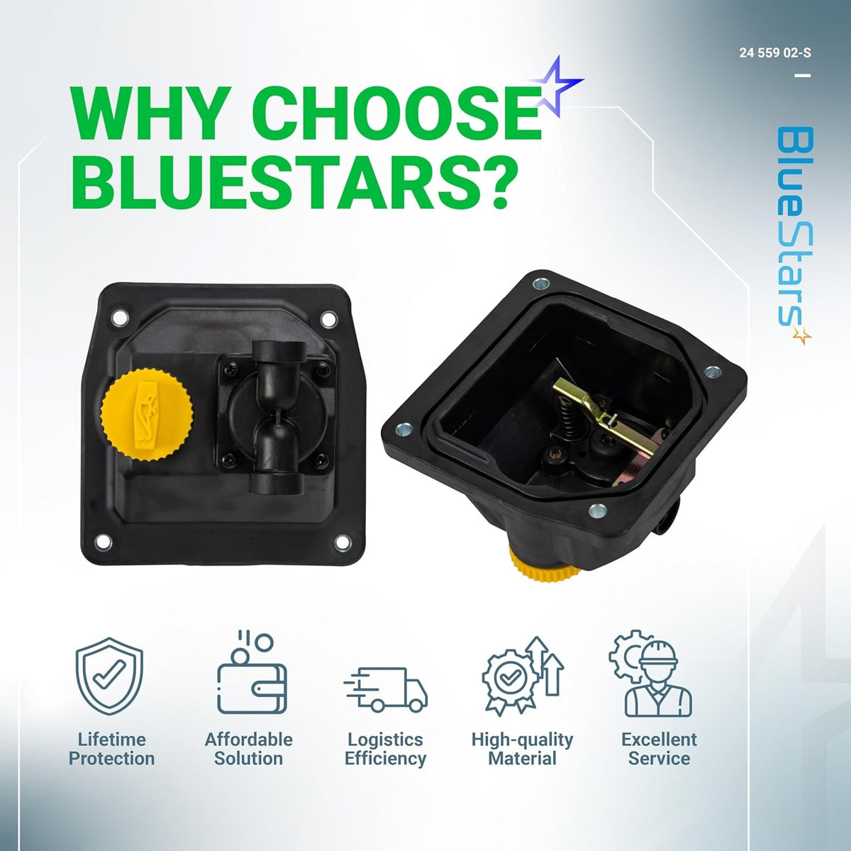 24 559 02-S fuel pump kit for Kohler engines shown from front and interior angles with BlueStars branding.