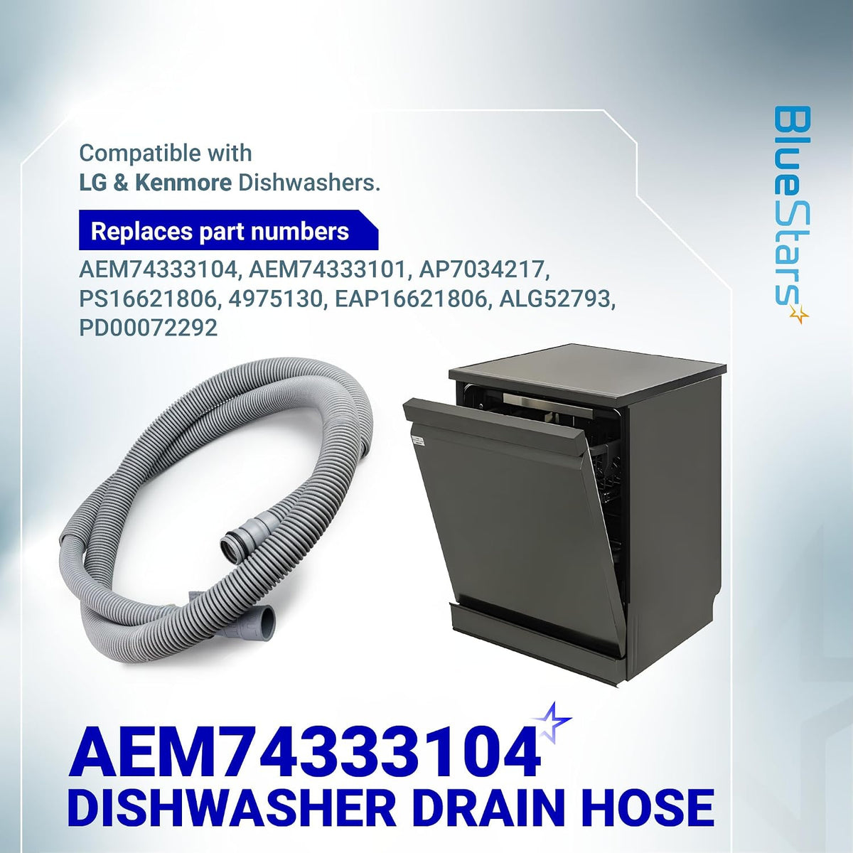 AEM74333104 Dishwasher Drain Hose, product graphic showing the hose beside a dishwasher