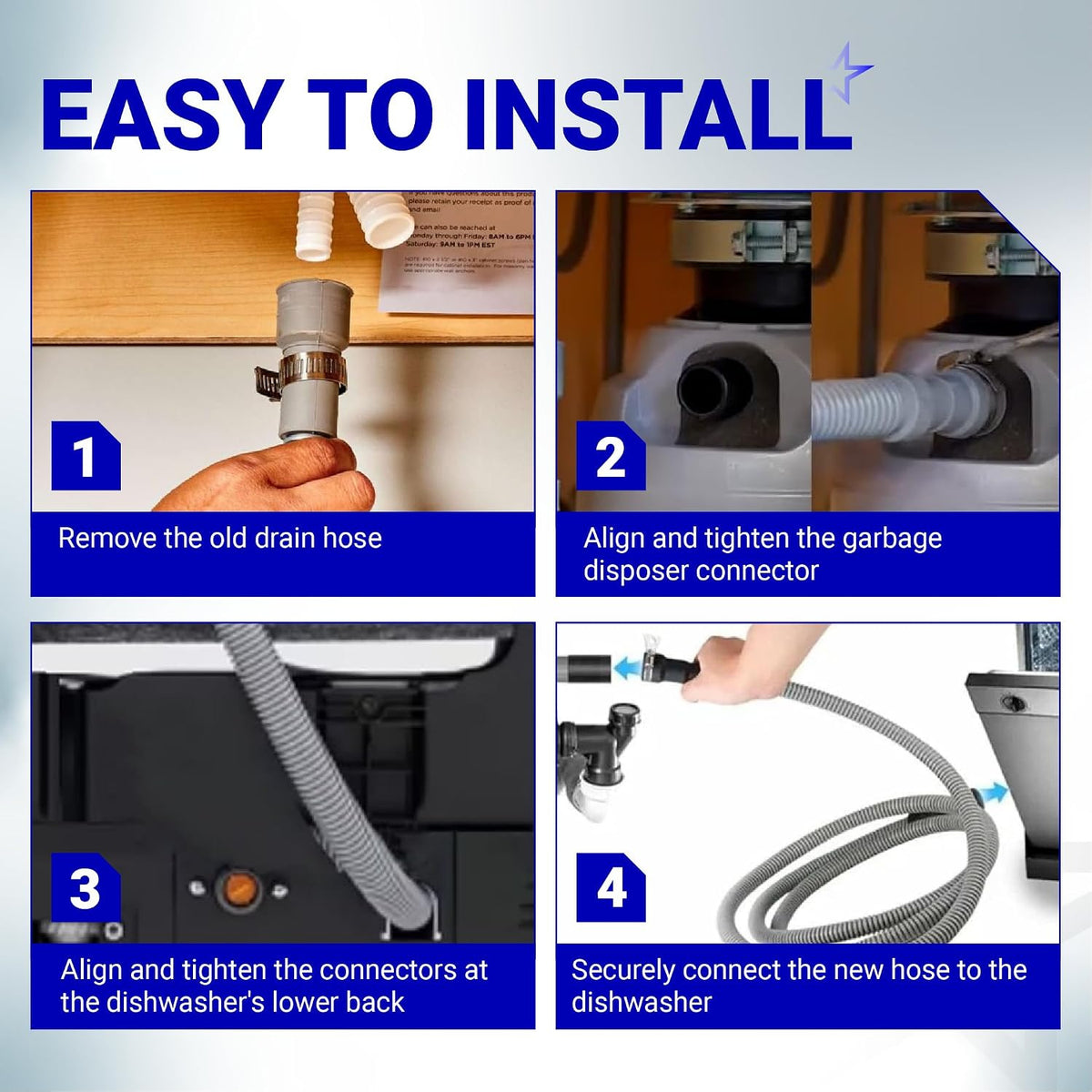 AEM74333104 dishwasher drain hose assembly installation guide showing four steps for removing and connecting the hose