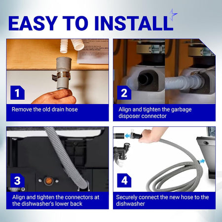 AEM74333104 dishwasher drain hose assembly installation guide showing four steps for removing and connecting the hose