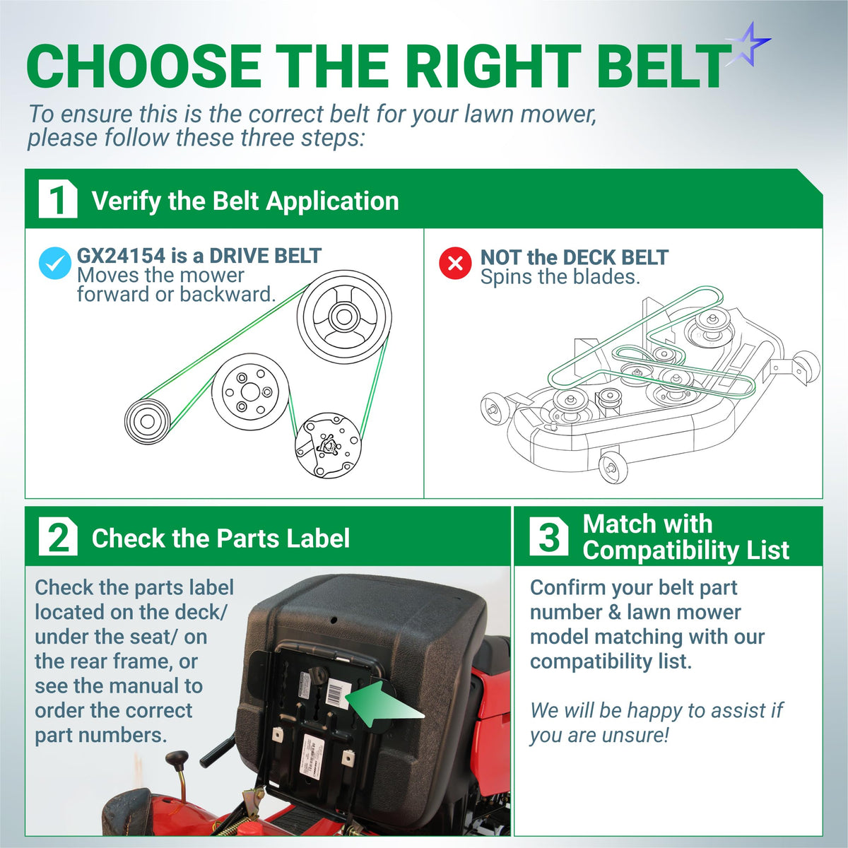 Instructional guide for identifying GX24154 mower drive belt application and compatibility.