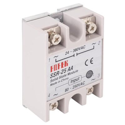 SSR-25AA solid state relay module with AC input and output terminals isolated on a white background.