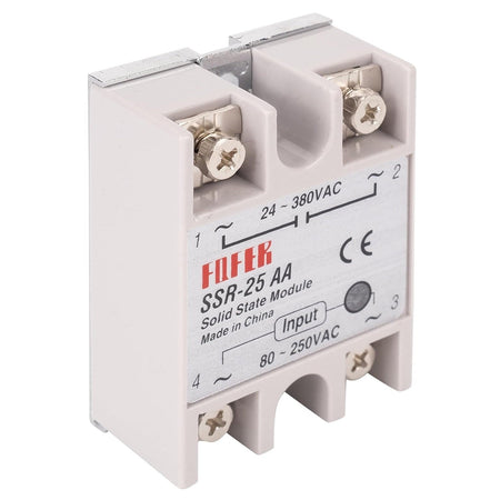 SSR-25AA solid state relay module with AC input and output terminals isolated on a white background.