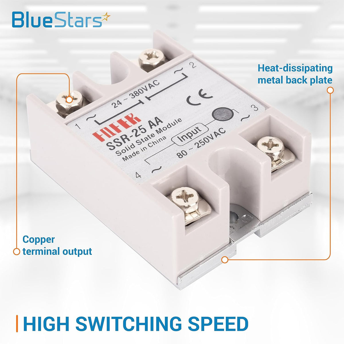 SSR-25AA solid state relay with copper terminal outputs and heat-dissipating metal back plate.