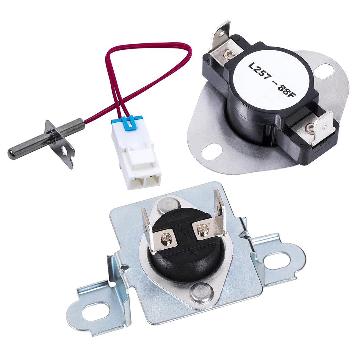 Replacement dryer thermistor and two limit thermostats for LG dryers.