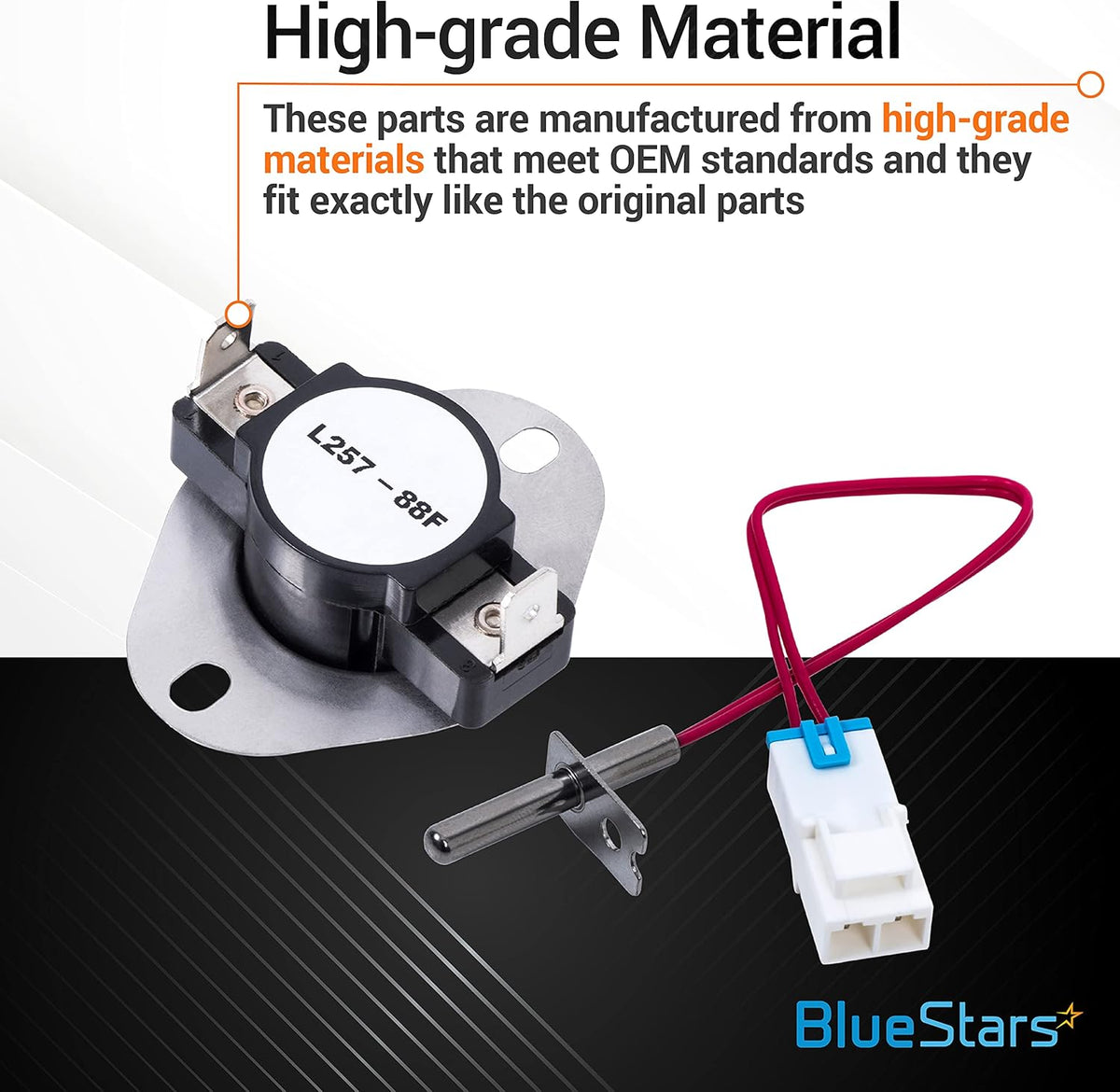 Replacement limit thermostat and thermistor sensor for LG dryers with high-grade material label.