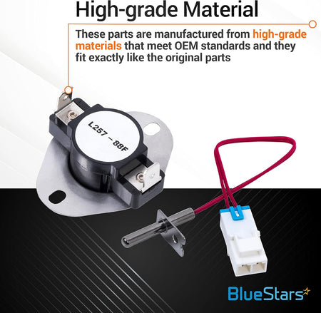 Replacement limit thermostat and thermistor sensor for LG dryers with high-grade material label.