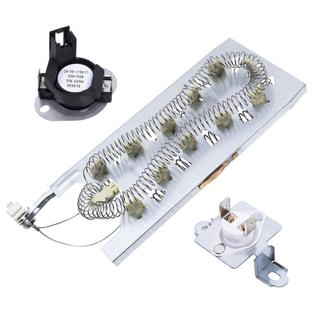 Dryer heating element with 8557403 high limit thermostat and thermal cut-off kit for Whirlpool and Kenmore dryers.