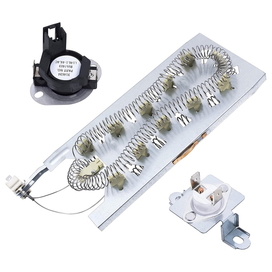 Dryer heating element with 8557403 high limit thermostat and thermal cut-off kit for Whirlpool and Kenmore dryers.