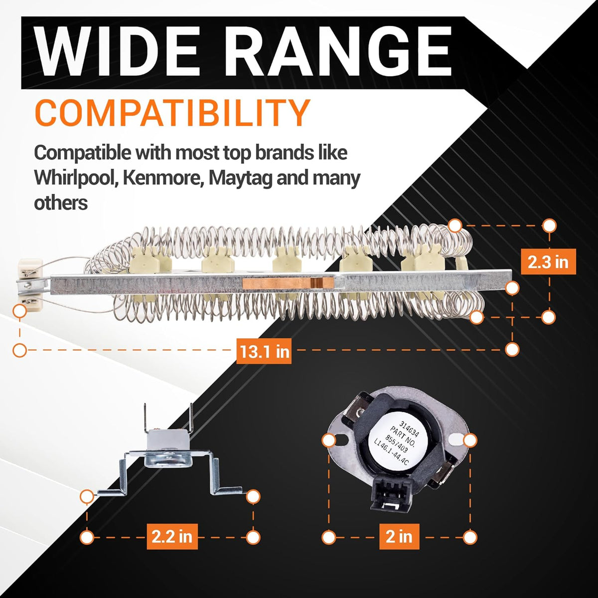 Dryer heating element and thermal cut-off kit with dimensions for Whirlpool, Kenmore, and Maytag dryers.