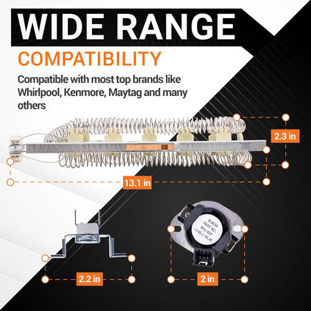 Dryer heating element and thermal cut-off kit with dimensions for Whirlpool, Kenmore, and Maytag dryers.