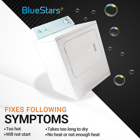 White clothes dryer illustrating common symptoms fixed by 3387747 heating element and thermal cut-off kit.