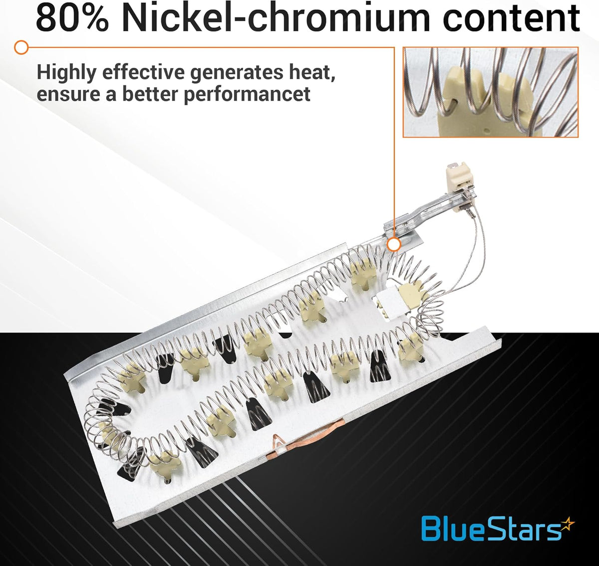 Dryer heating element 3387747 with 80% nickel-chromium coil detail and ceramic insulators.