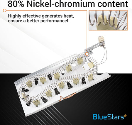 Dryer heating element 3387747 with 80% nickel-chromium coil detail and ceramic insulators.