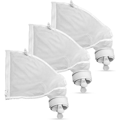 Three white nylon mesh zippered replacement bags for Polaris 280 and 480 pool cleaners.