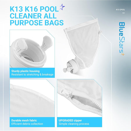 K13 K16 pool cleaner replacement bag features, showing durable mesh, sturdy plastic housing, and upgraded zipper.