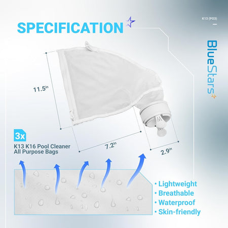 Specification diagram showing dimensions of K13 K16 nylon mesh pool cleaner bag for Polaris 280 and 480.