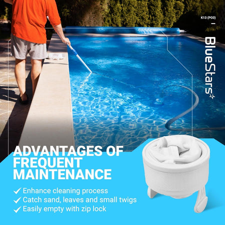 K13 K16 nylon mesh pool cleaner replacement bag for Polaris 280 and 480 pool vacuums shown in maintenance infographic.