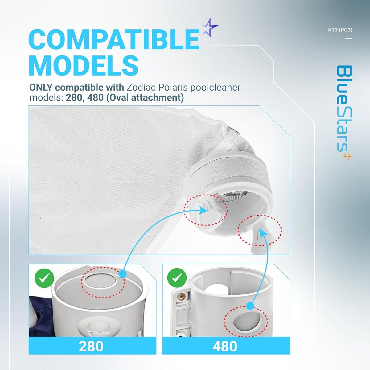 Compatibility chart for K13 K16 pool cleaner bag showing oval attachment for Polaris 280 and 480 models.