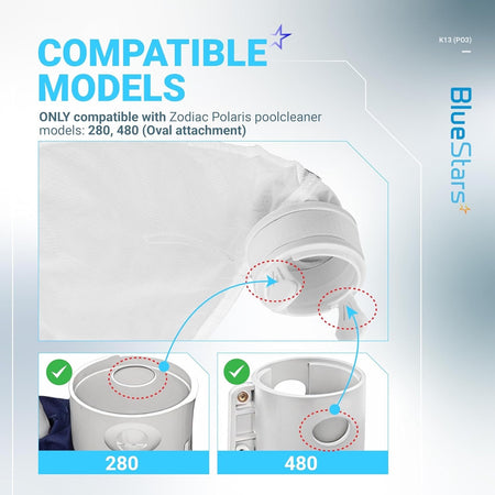 Compatibility chart for K13 K16 pool cleaner bag showing oval attachment for Polaris 280 and 480 models.