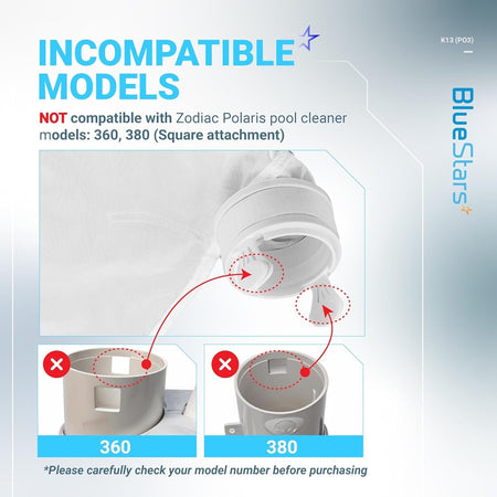 Infographic showing K13 K16 pool cleaner bag incompatibility with Polaris 360 and 380 models due to attachment differences.