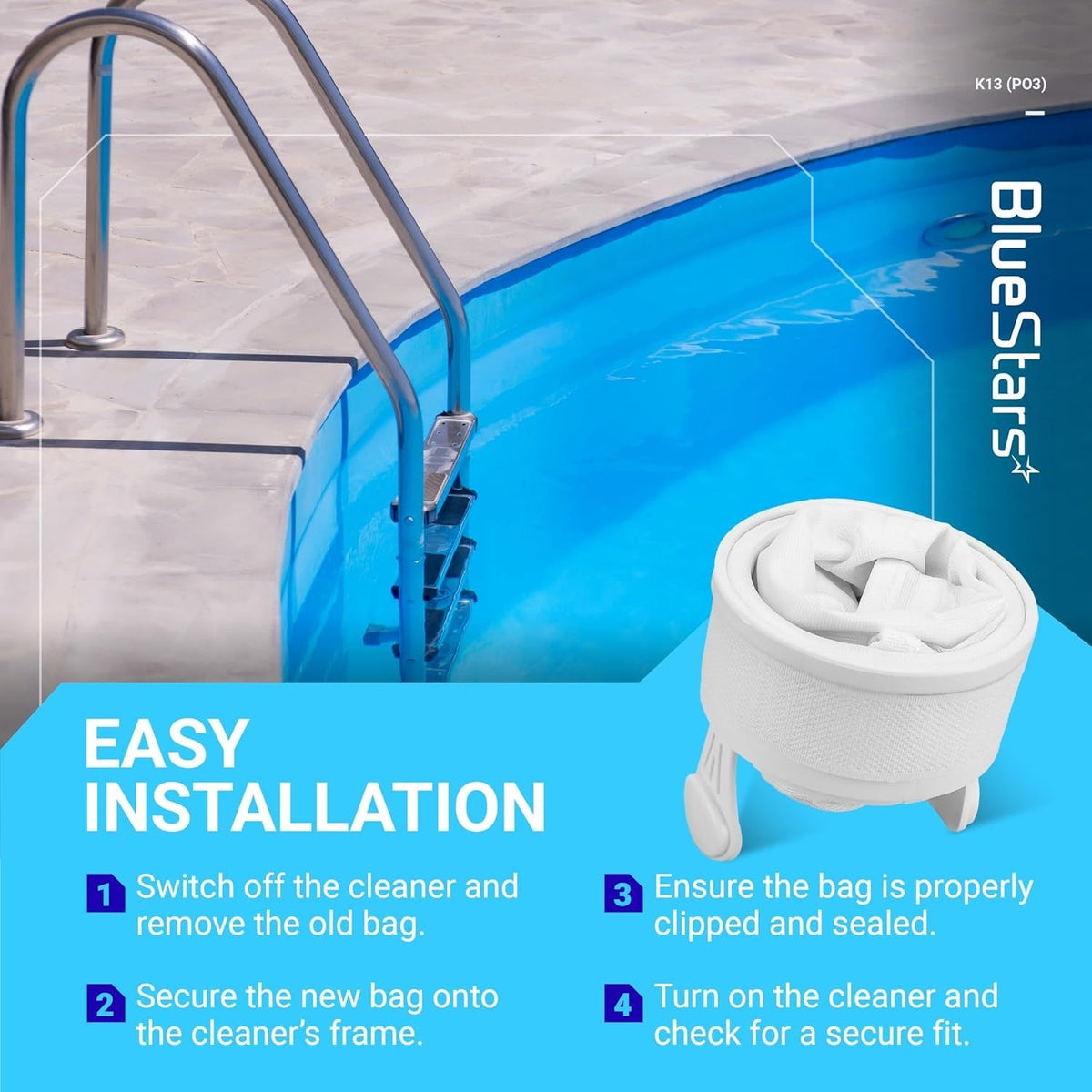 Instructional graphic for K13 K16 pool cleaner replacement bag installation compatible with Polaris 280 and 480 cleaners.