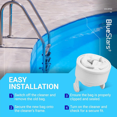 Instructional graphic for K13 K16 pool cleaner replacement bag installation compatible with Polaris 280 and 480 cleaners.