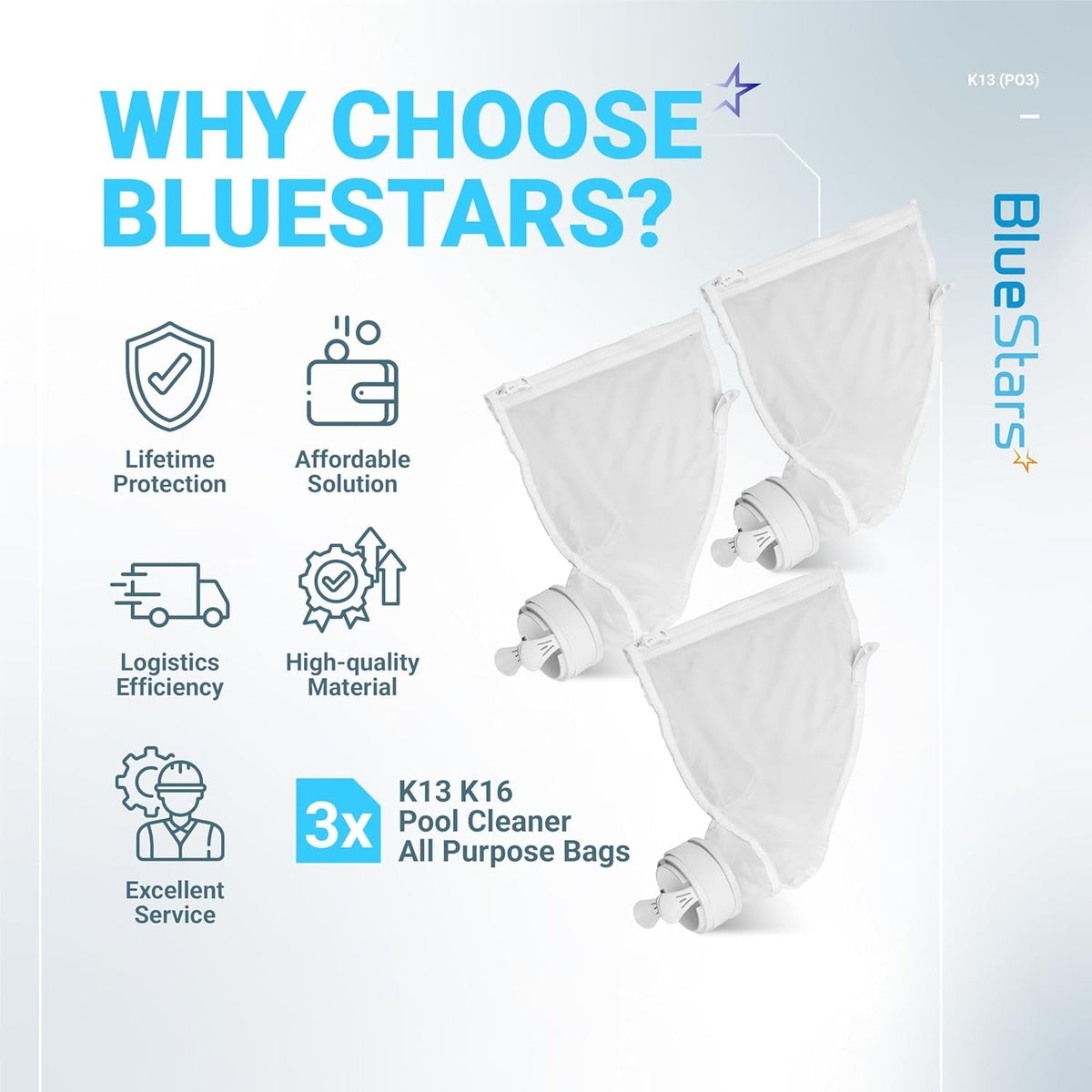 Infographic showing three K13 K16 nylon mesh pool cleaner bags with benefits and compatibility for Polaris 280 and 480.