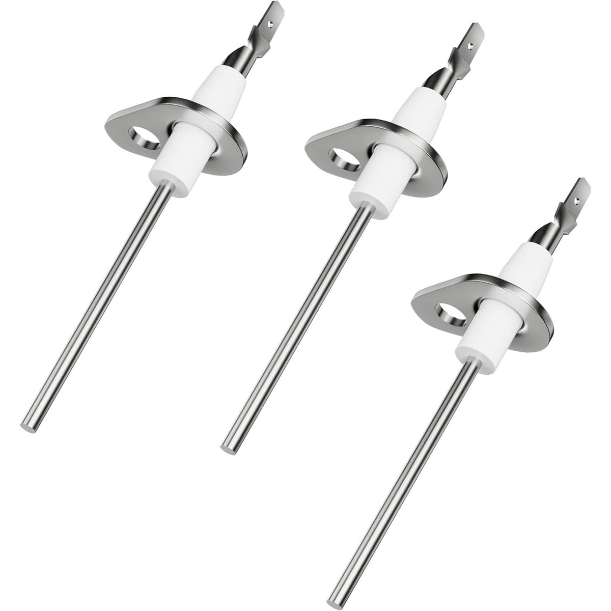 Set of three 0130F00010 furnace flame sensors with white ceramic insulators and metal mounting brackets.