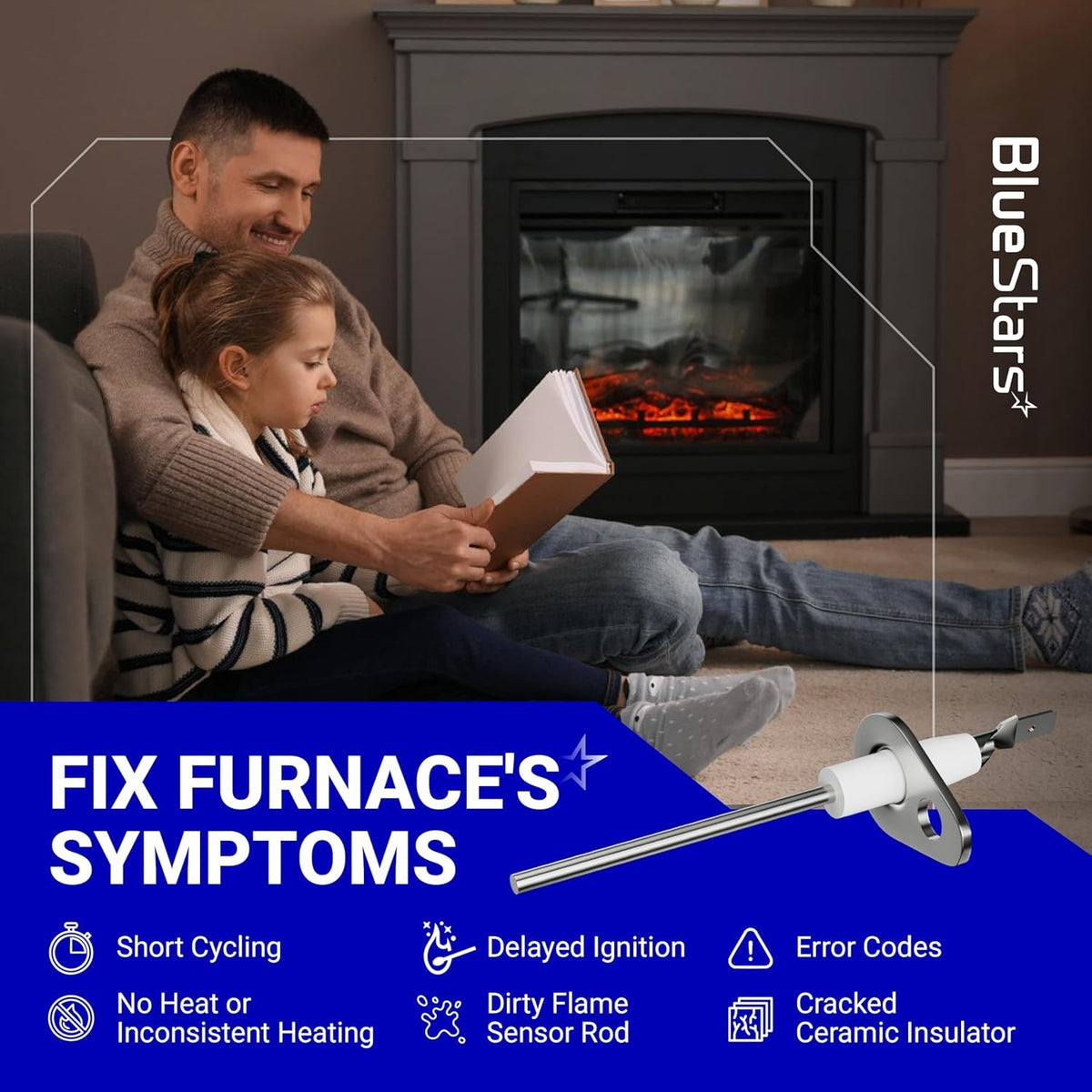 0130F00010 flame sensor shown in a lifestyle graphic illustrating furnace repair symptoms like short cycling.