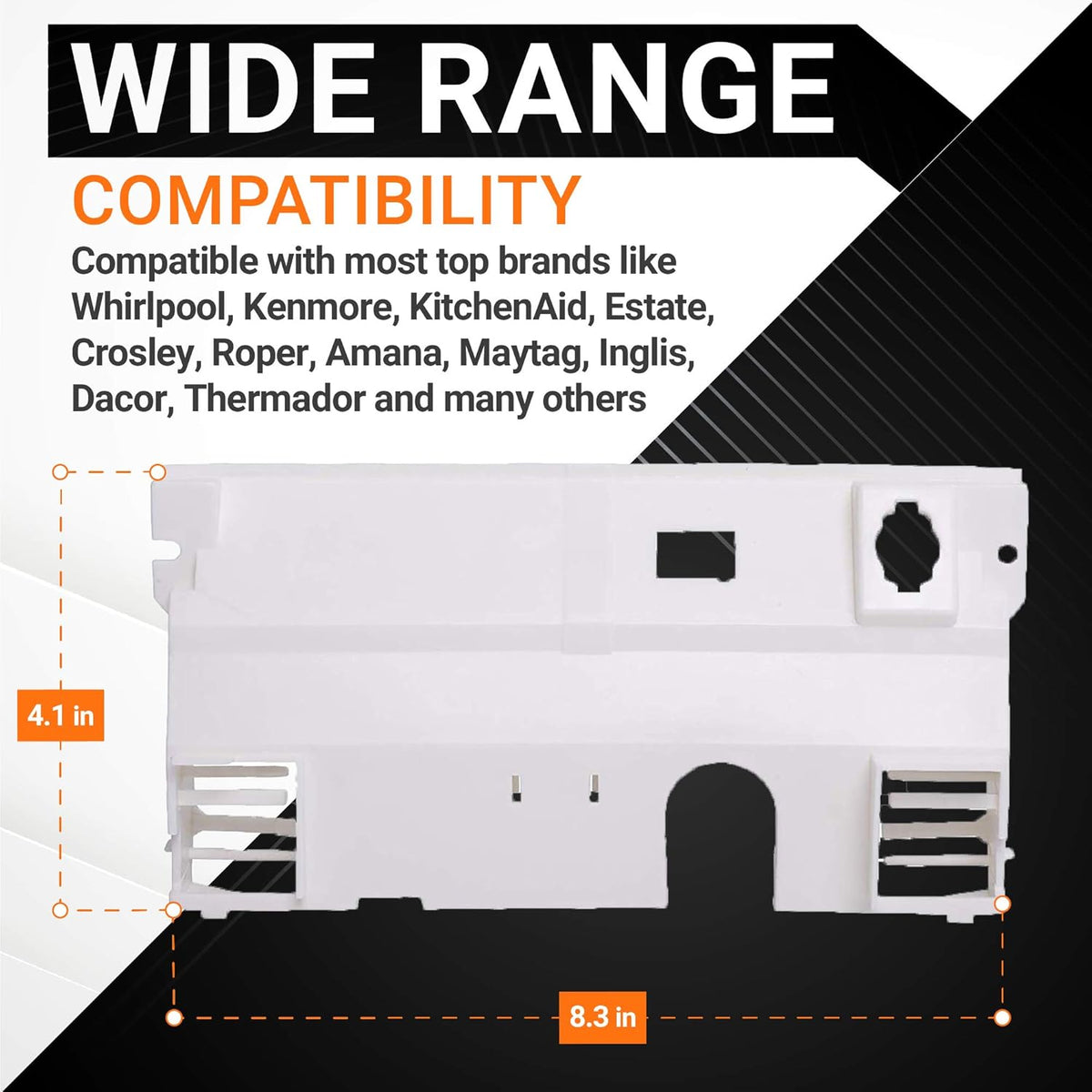WP2180226 refrigerator control bracket showing dimensions of 8.3 inches by 4.1 inches and brand compatibility list.
