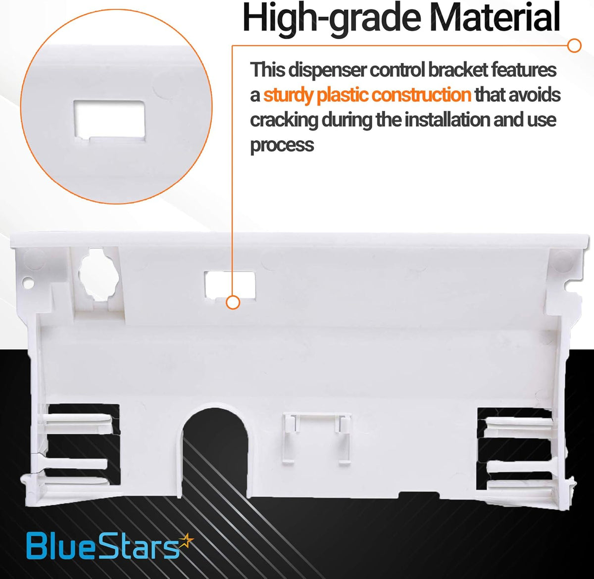 WP2180226 refrigerator dispenser control bracket showing durable plastic construction and close-up detail.