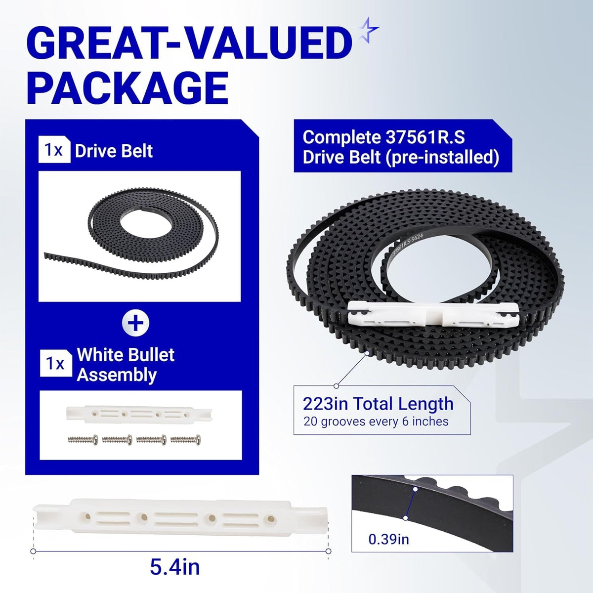37561R.S garage door drive belt kit with pre-installed white bullet assembly and dimensions.