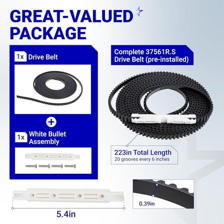 37561R.S garage door drive belt kit with pre-installed white bullet assembly and dimensions.