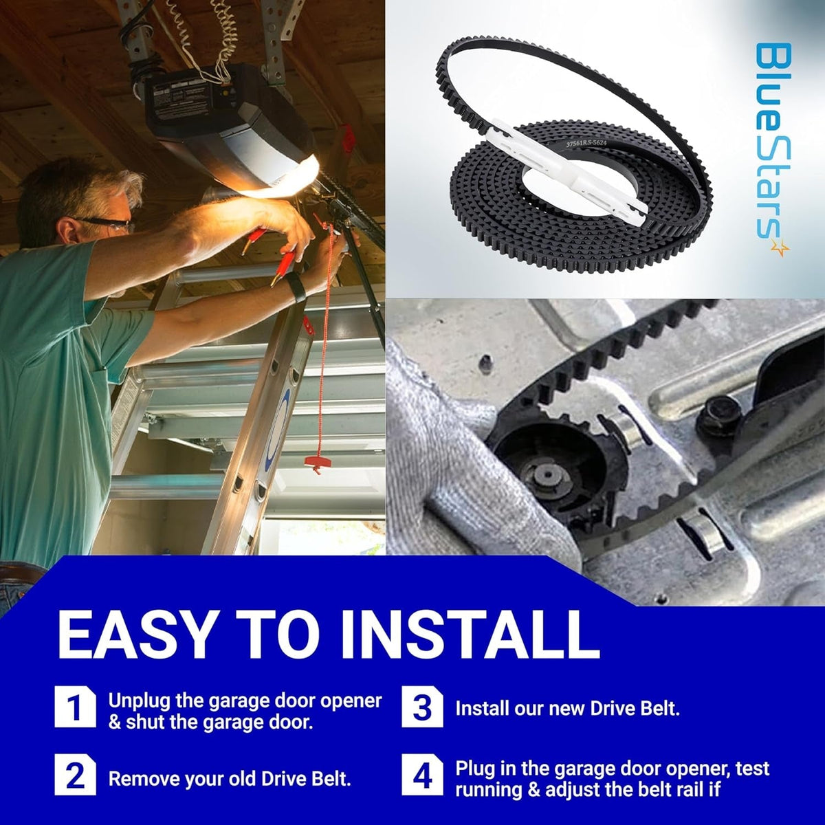 Installation guide for 37561R.S garage door opener belt showing steps and component placement.