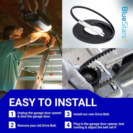 Installation guide for 37561R.S garage door opener belt showing steps and component placement.