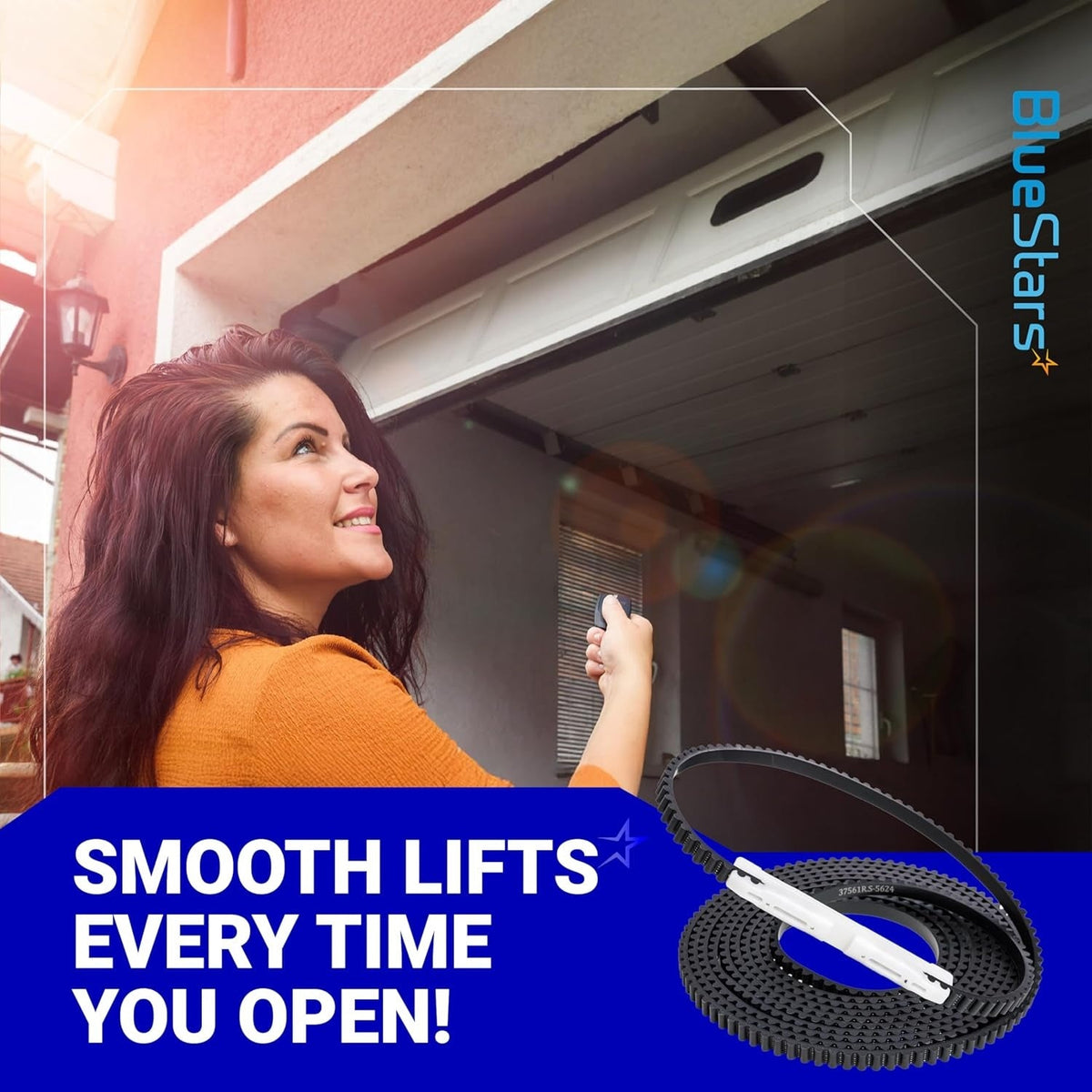 37561R.S replacement belt for 7ft garage door opener shown with a woman using a remote to open a garage door.