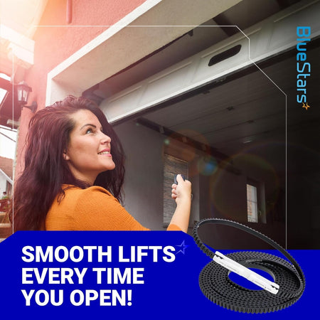 37561R.S replacement belt for 7ft garage door opener shown with a woman using a remote to open a garage door.