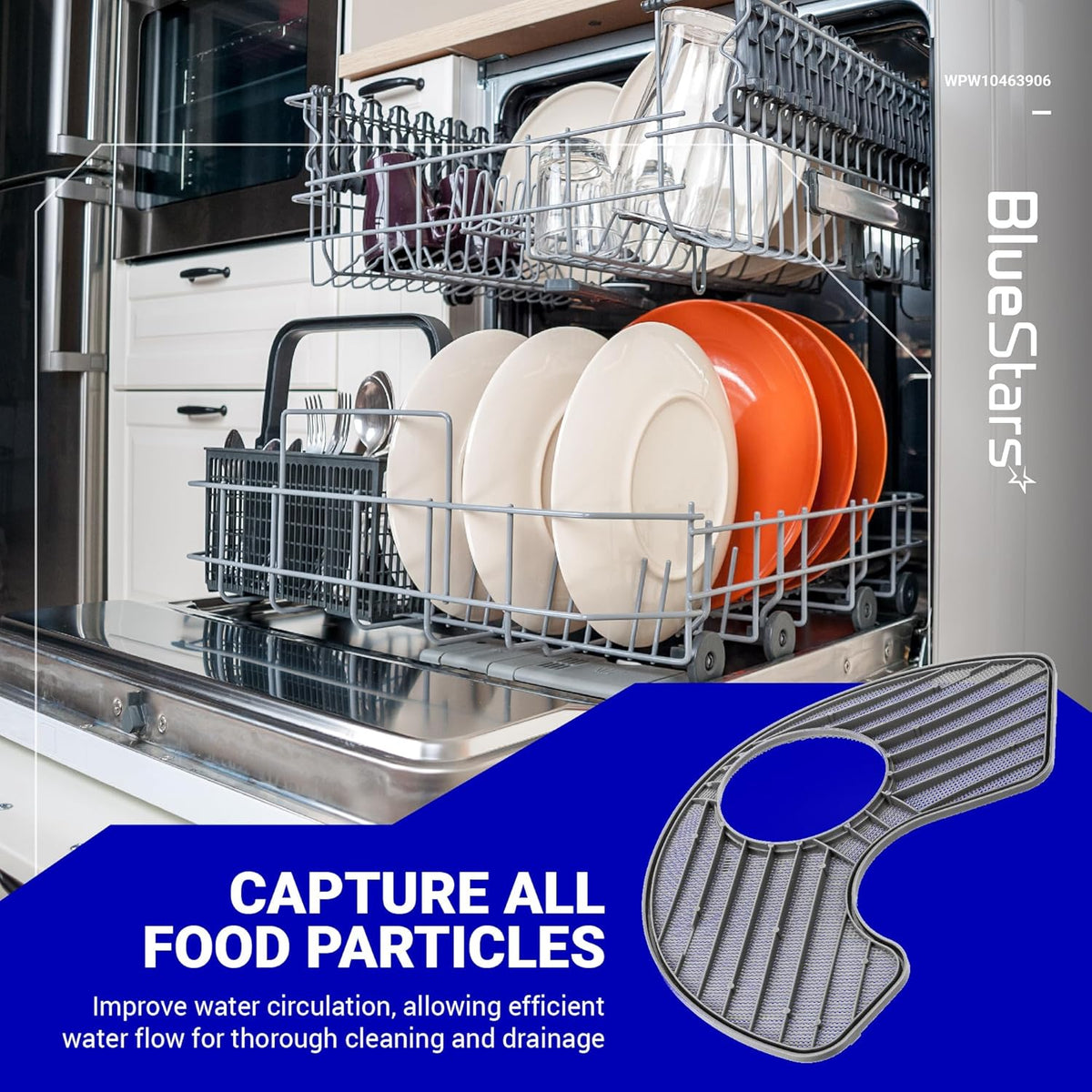 WPW10463906 dishwasher screen filter replacement shown on a promotional graphic with a loaded dishwasher background.