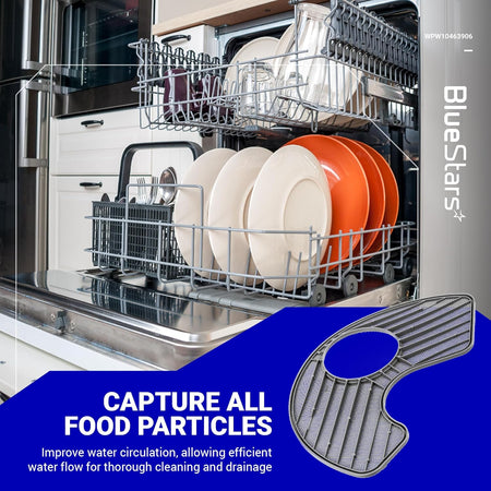 WPW10463906 dishwasher screen filter replacement shown on a promotional graphic with a loaded dishwasher background.