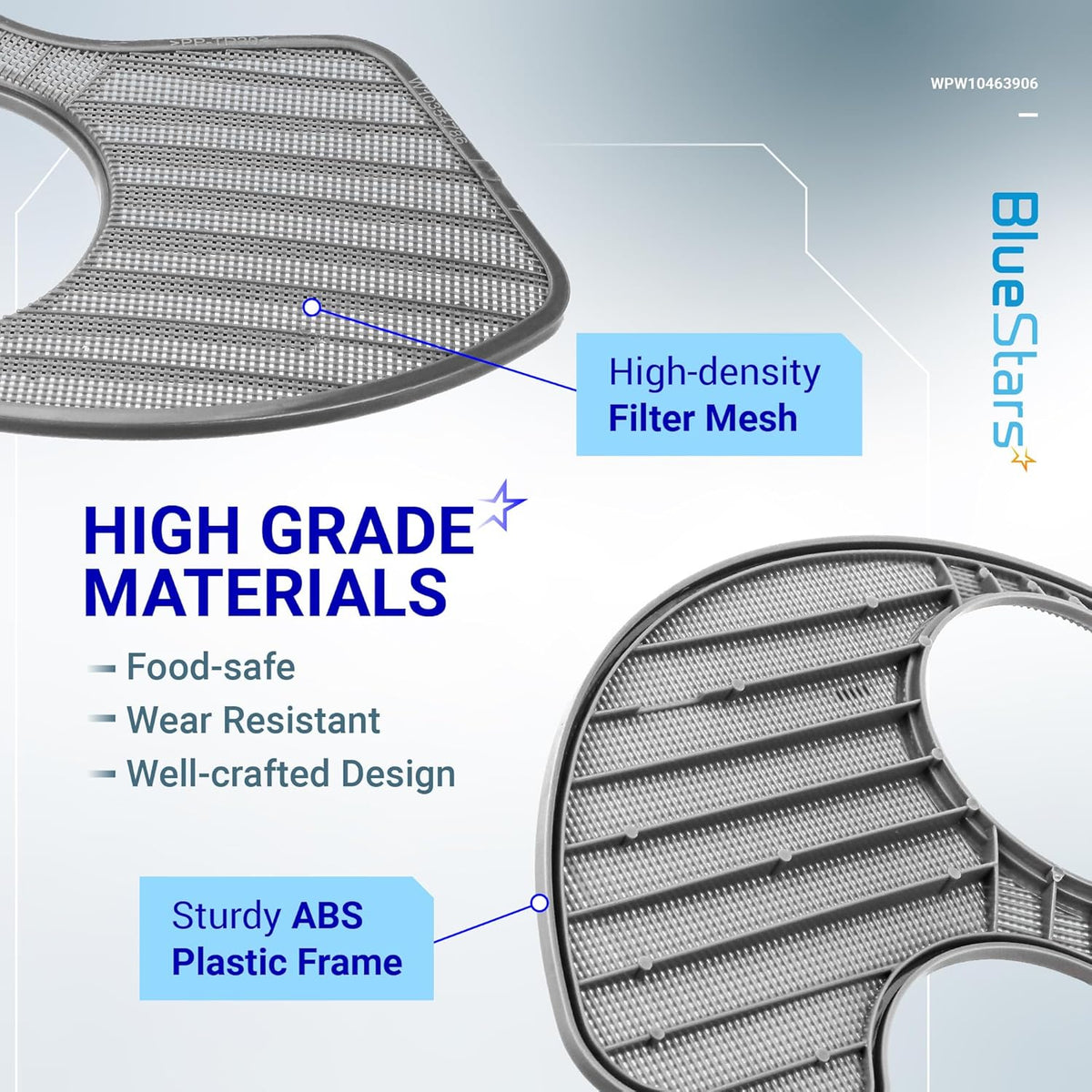 Close-up of WPW10463906 dishwasher filter showing high-density mesh and sturdy ABS plastic frame construction.